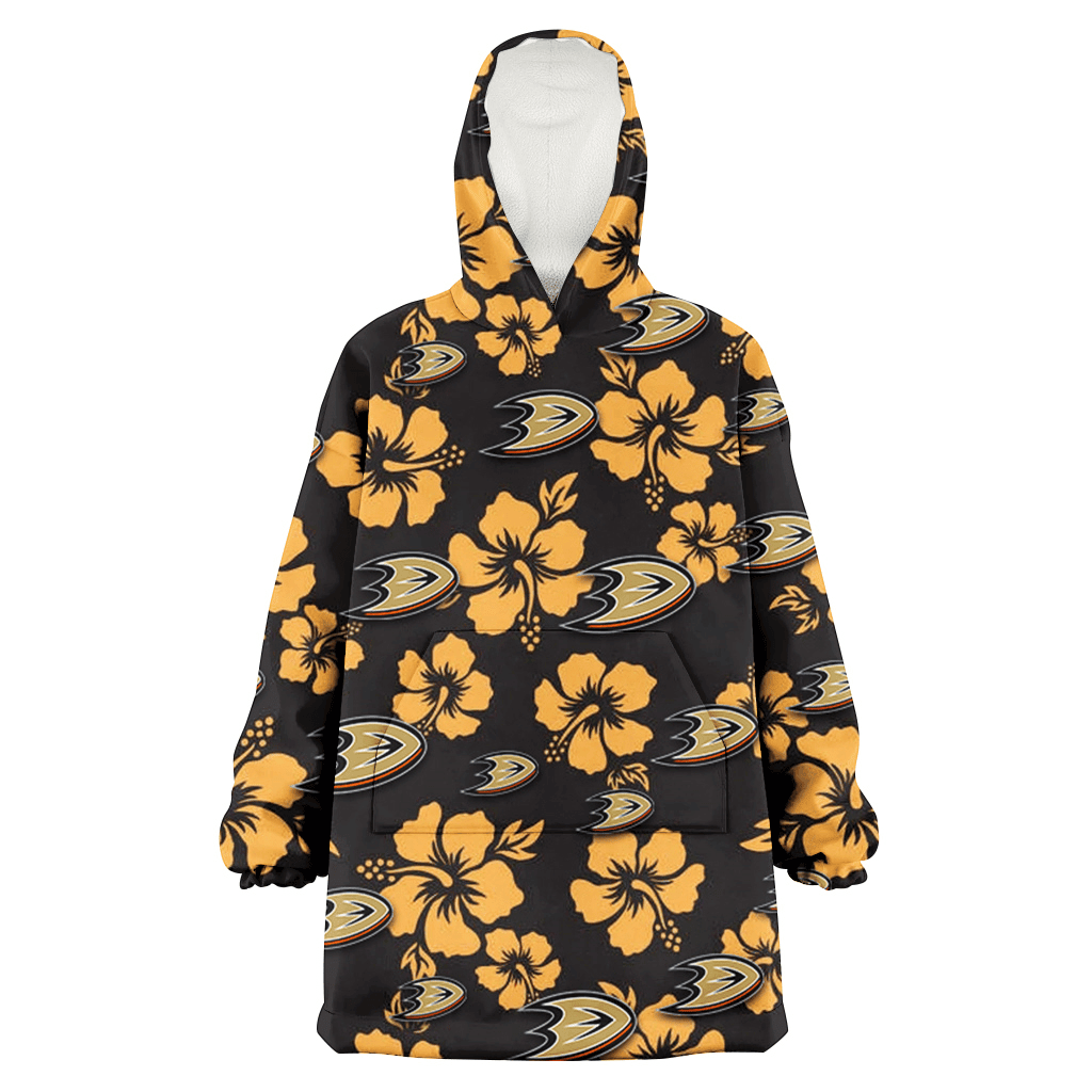 Anaheim Ducks Tiny Yellow Hibiscus Black Background 3D Printed Hoodie Blanket Snug Hoodie