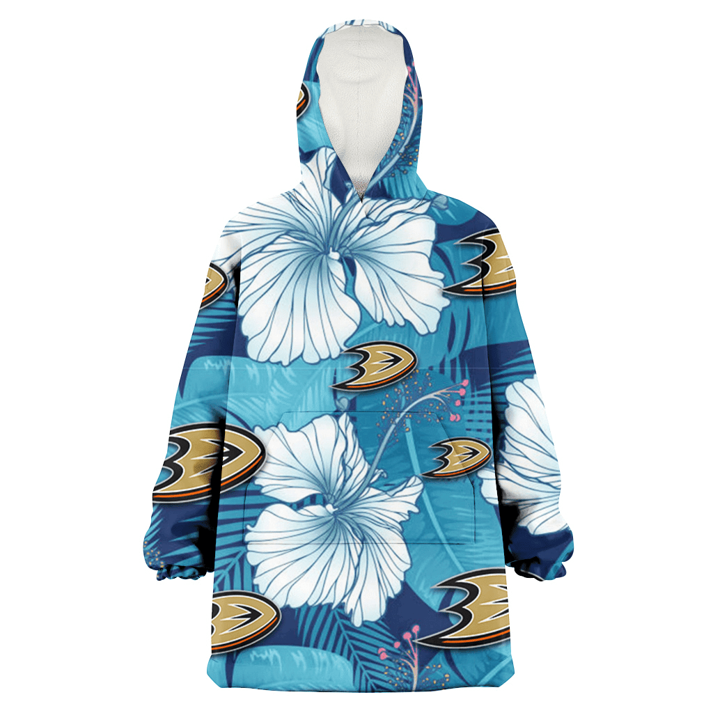 Anaheim Ducks White Hibiscus Turquoise Banana Leaf Navy Background 3D Printed Hoodie Blanket Snug Hoodie