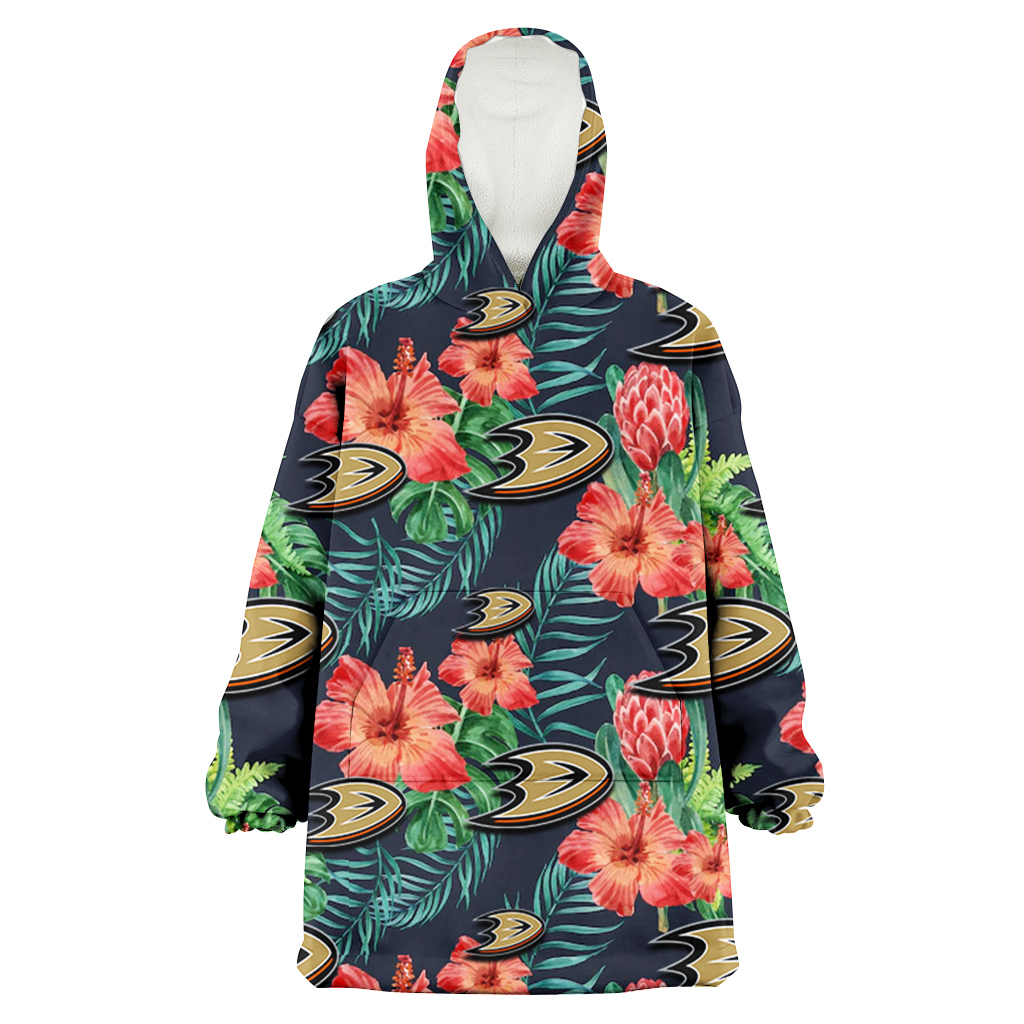 Anaheim Ducks Orange Hibiscus Green Tropical Leaf Dark Background 3D Printed Hoodie Blanket Snug Hoodie