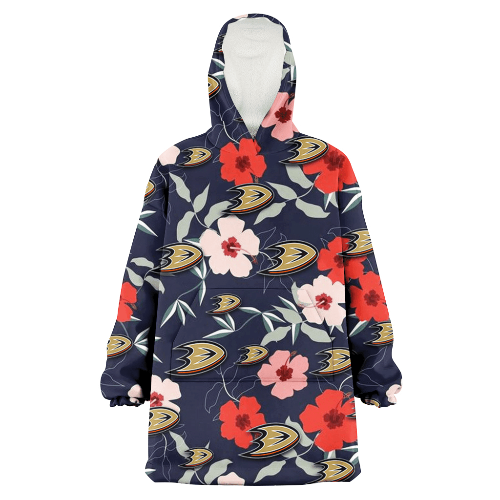 Anaheim Ducks Red Pink White Hibiscus Black Background 3D Printed Hoodie Blanket Snug Hoodie