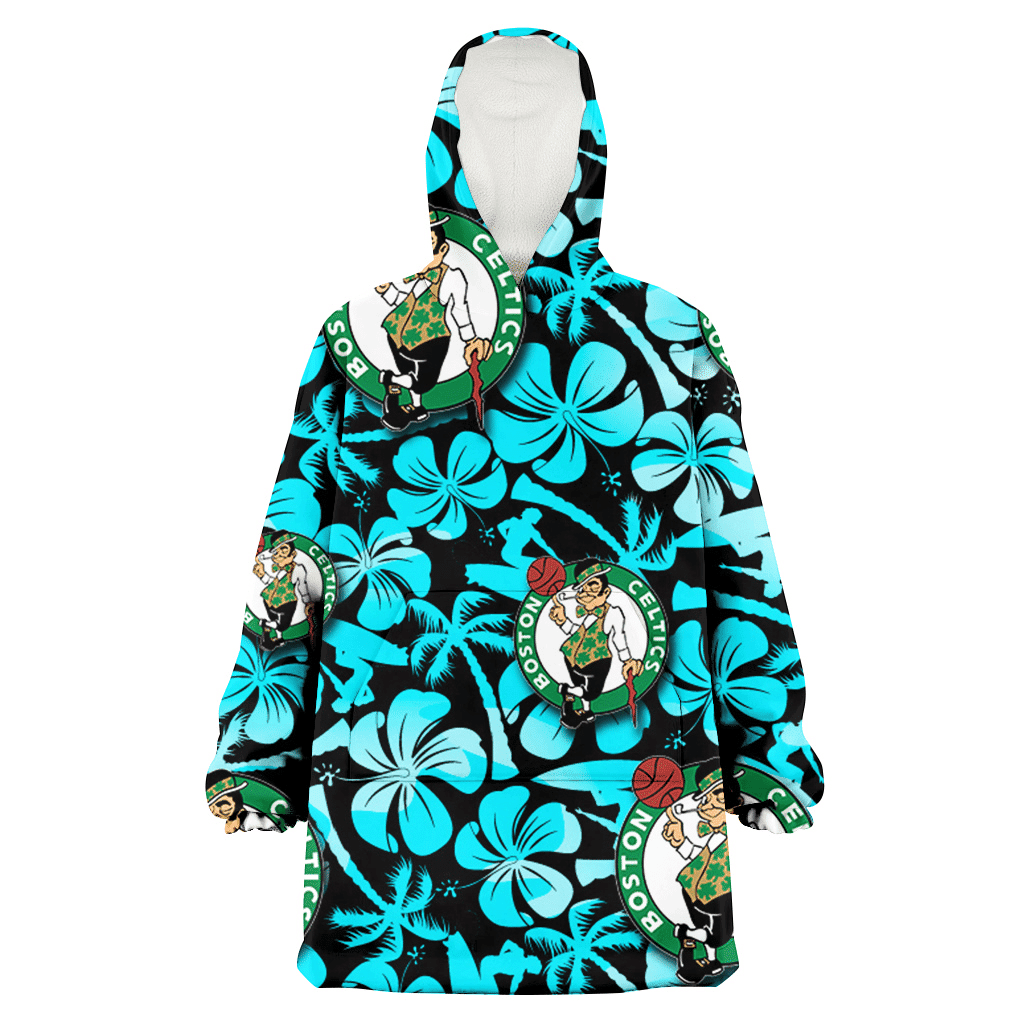 Boston Celtics Blue Hibiscus Blue Coconut Tree Black Background 3D Printed Hoodie Blanket Snug Hoodie