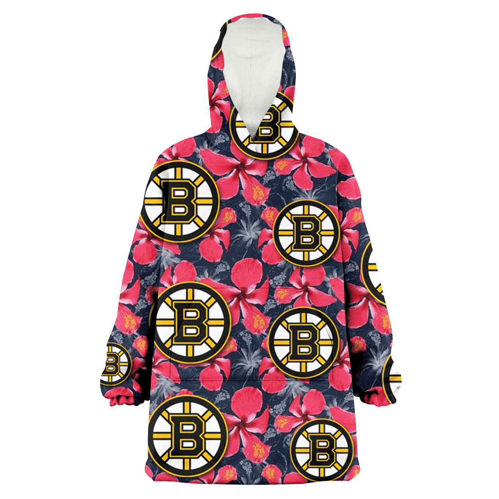 Boston Bruins Red Hibiscus Dark Gray Background 3D Printed Hoodie Blanket Snug Hoodie