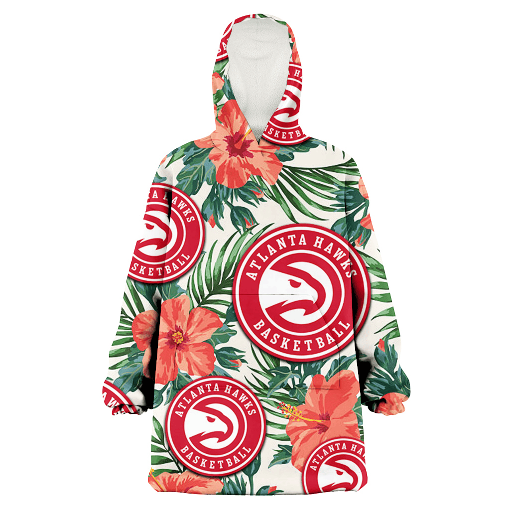 Atlanta Hawks Coral Hibiscus Green Leaf Beige Background 3D Printed Hoodie Blanket Snug Hoodie
