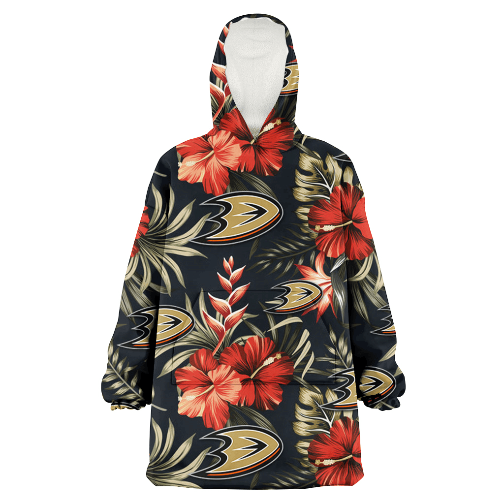 Anaheim Ducks Red Hibiscus Green Leaf Dark Background 3D Printed Hoodie Blanket Snug Hoodie