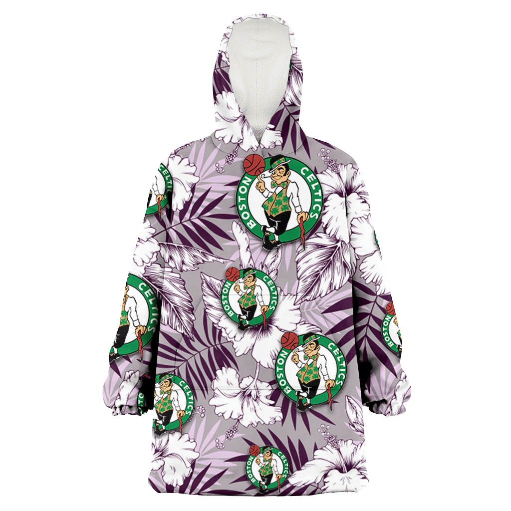 Boston Celtics White Hibiscus Violet Leaves Light Grey Background 3D Printed Hoodie Blanket Snug Hoodie