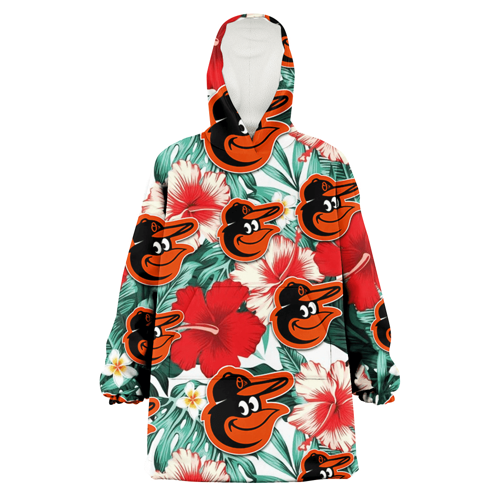 Baltimore Orioles Red Coral Hibiscus White Porcelain Flower Banana Leaf 3D Printed Hoodie Blanket Snug Hoodie