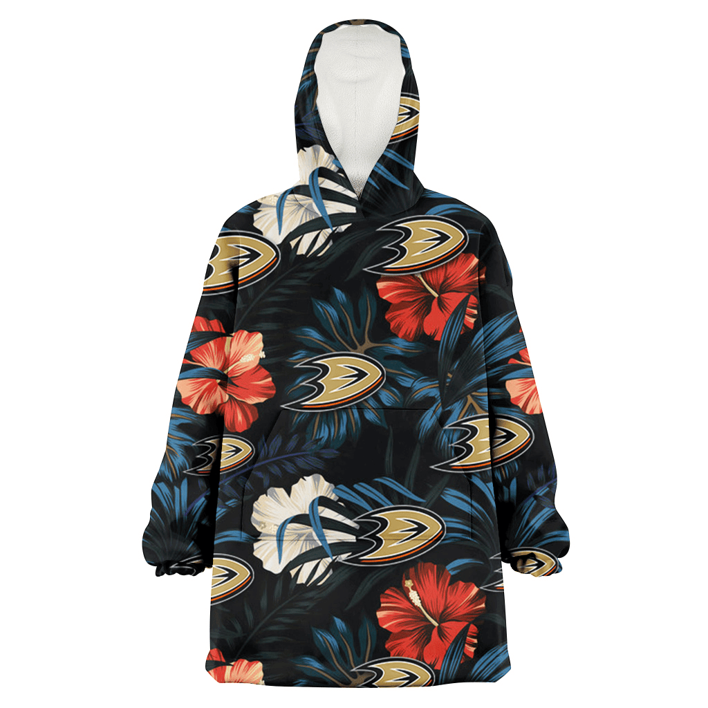 Anaheim Ducks Red And White Hibiscus Dark Leaf Black Background 3D Printed Hoodie Blanket Snug Hoodie