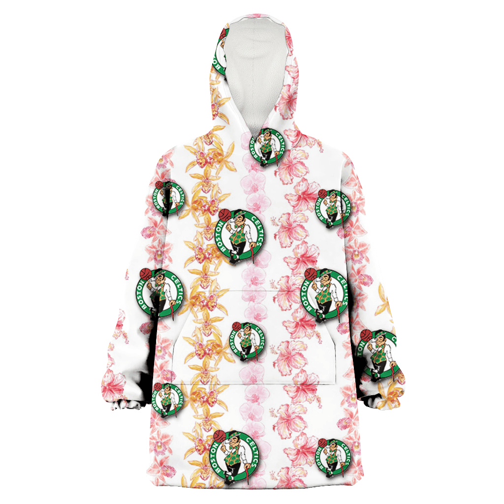 Boston Celtics Pink Hibiscus Yellow Pink Orchid White Background 3D Printed Hoodie Blanket Snug Hoodie