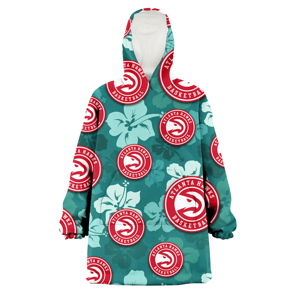 Atlanta Hawks Light Sea Green Hibiscus Green Background 3D Printed Hoodie Blanket Snug Hoodie