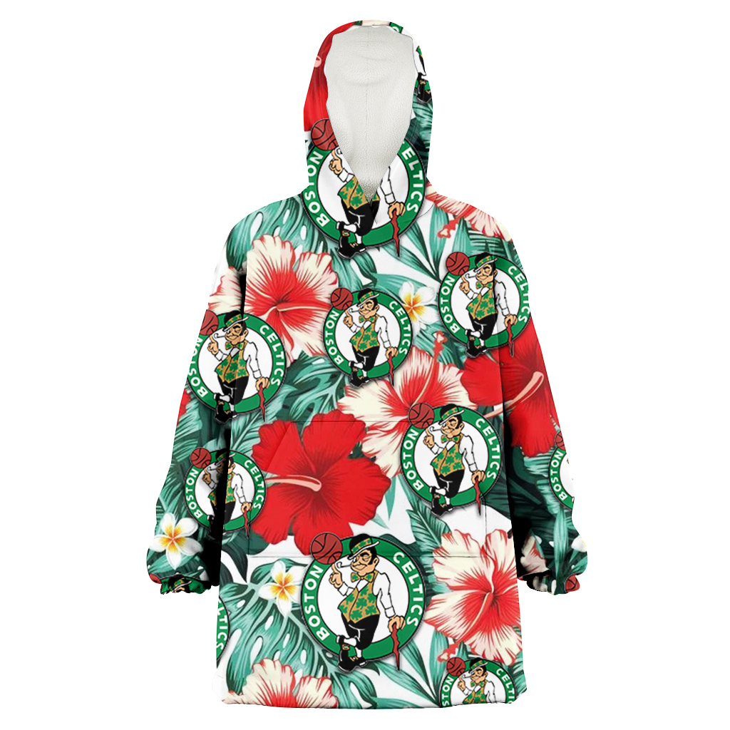 Boston Celtics Red Coral Hibiscus White Porcelain Flower Banana Leaf 3D Printed Hoodie Blanket Snug Hoodie