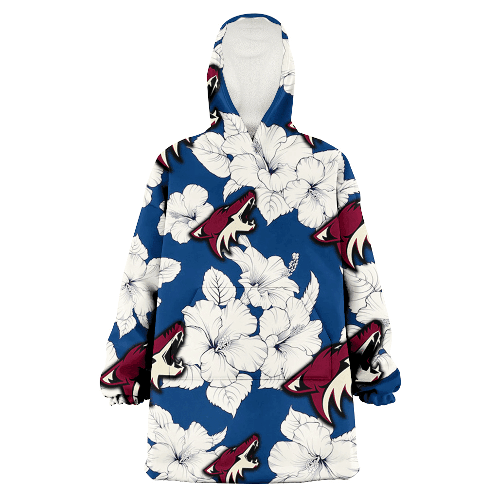 Arizona Coyotes White Big Hibiscus Blue Background 3D Printed Hoodie Blanket Snug Hoodie