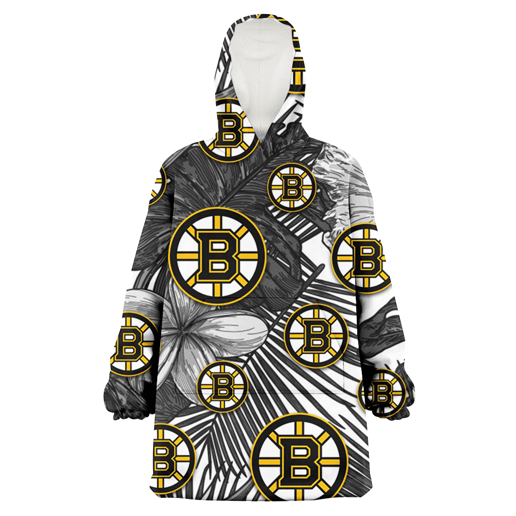 Boston Bruins Grey Sketch Hibiscus Palm Leaf White Background 3D Printed Hoodie Blanket Snug Hoodie