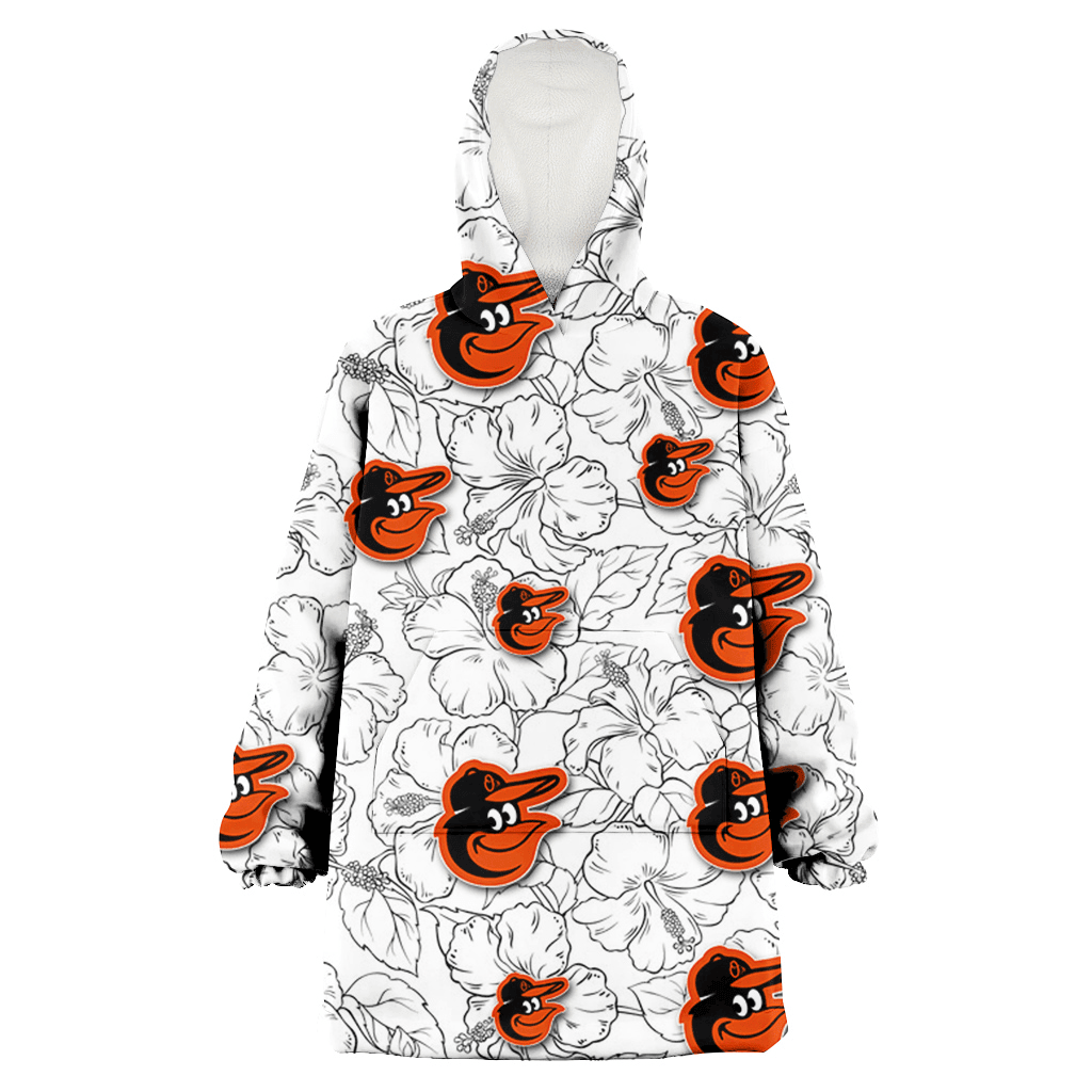 Baltimore Orioles White Sketch Hibiscus Pattern White Background 3D Printed Hoodie Blanket Snug Hoodie