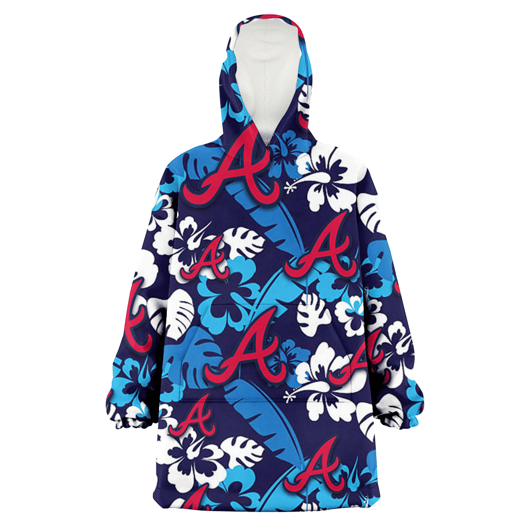 Atlanta Braves Light Blue Hibiscus Banana Leaf Navy Background 3D Printed Hoodie Blanket Snug Hoodie