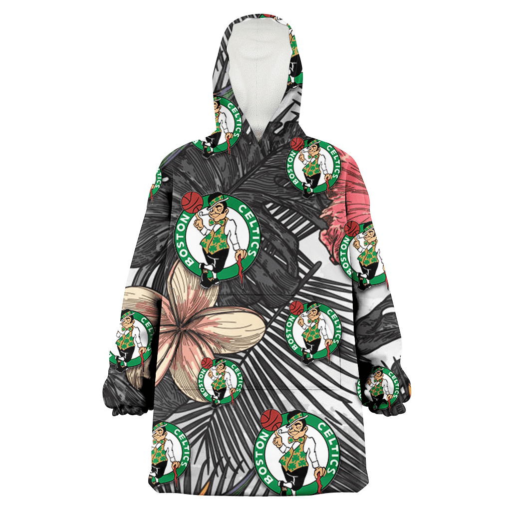 Boston Celtics Pink Sketch Hibiscus Gray Palm Leaf White Background 3D Printed Hoodie Blanket Snug Hoodie