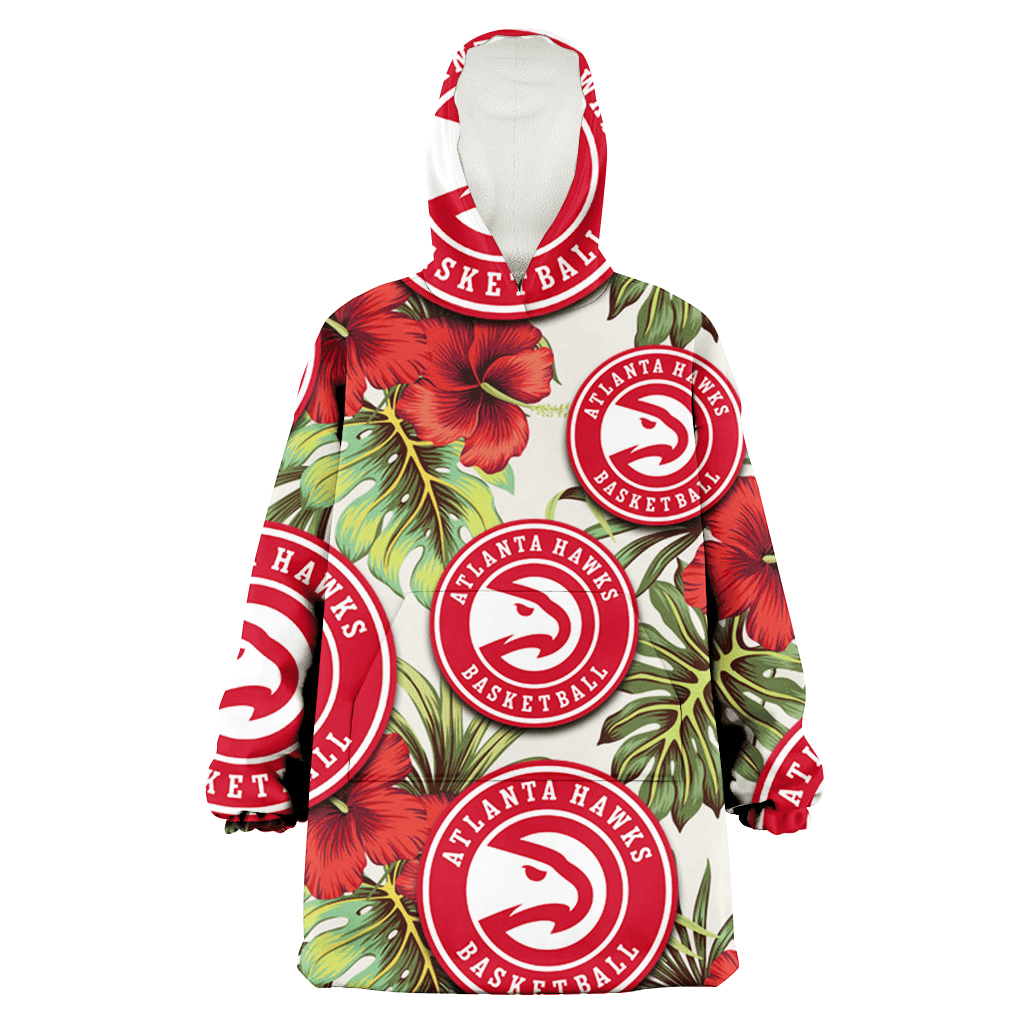 Atlanta Hawks Red Hibiscus Green Tropical Leaf Cream Background 3D Printed Hoodie Blanket Snug Hoodie