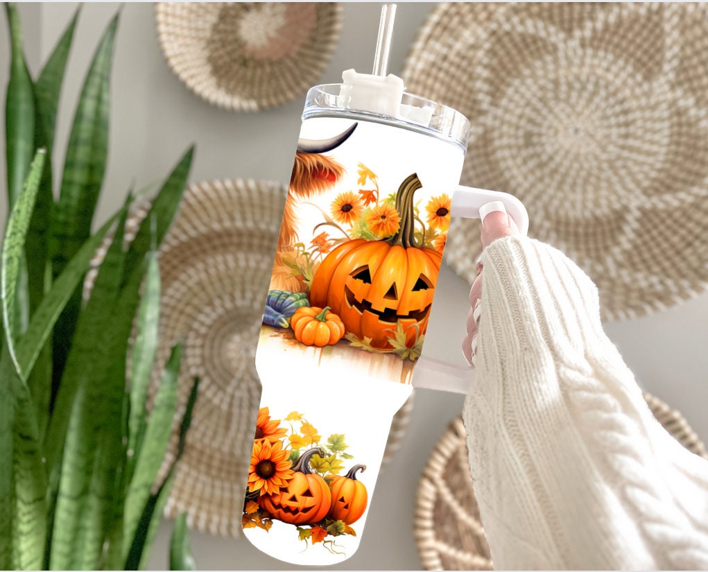 Fall Halloween Highland Cow Custom Stanley Quencher 40Oz Stainless Steel Tumbler With Handle - Image 3