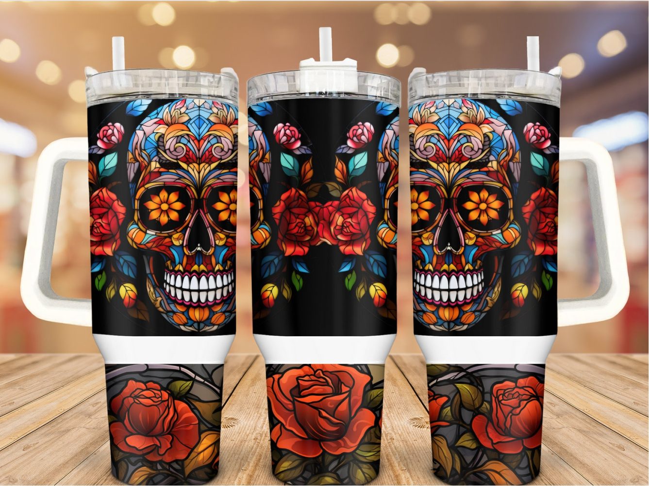 Floral Skull Custom Stanley Quencher 40Oz Stainless Steel Tumbler With Handle - Image 2