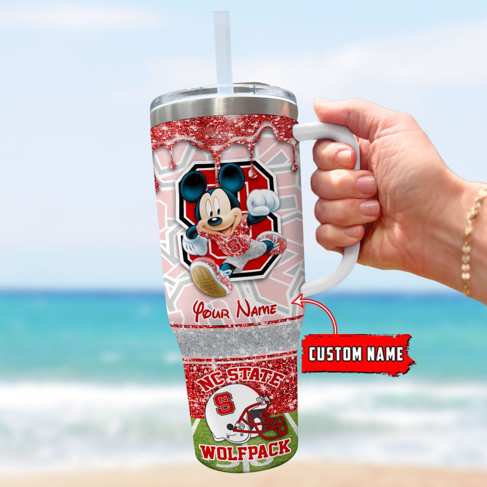 Nc State Wolfpack Ncaa Mickey Mouse Glitter Custom Stanley Quencher 40Oz Stainless Steel Tumbler With Handle - Image 3