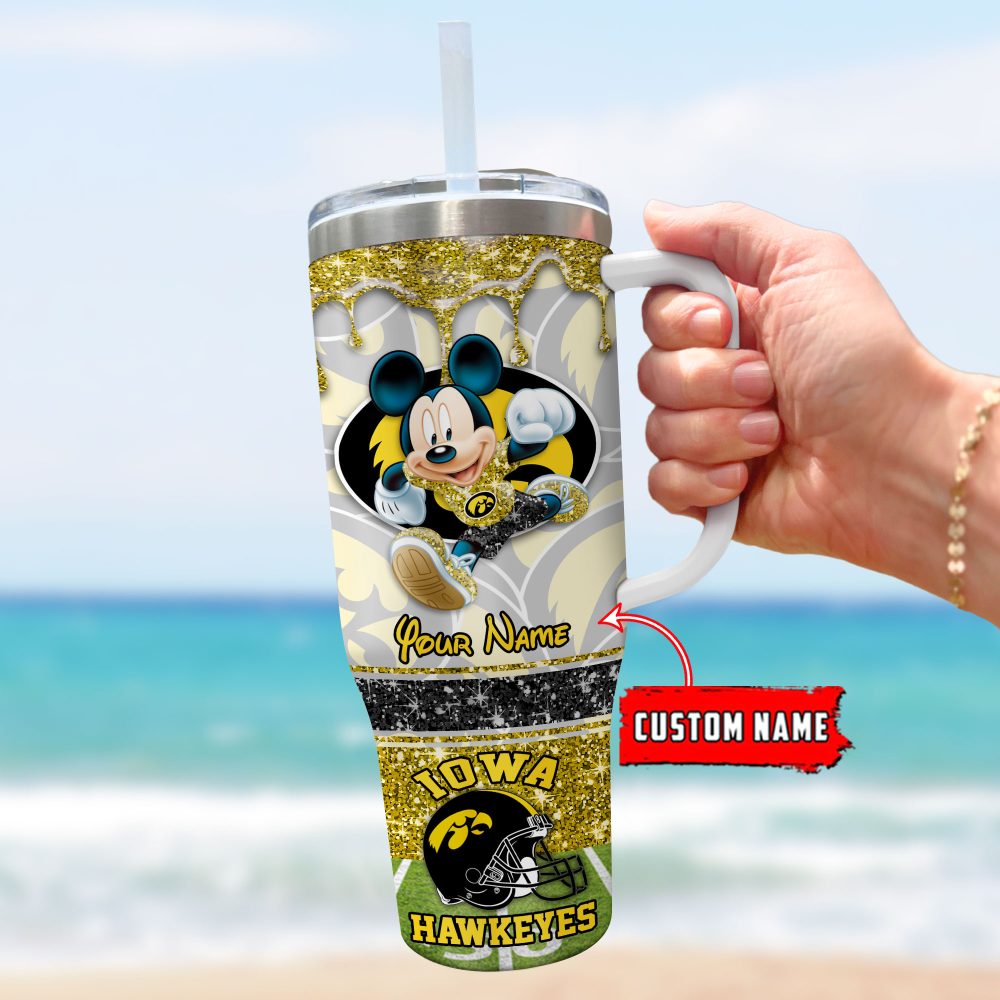 Iowa Hawkeyes Ncaa Mickey Mouse Glitter Custom Stanley Quencher 40Oz Stainless Steel Tumbler With Handle - Image 3