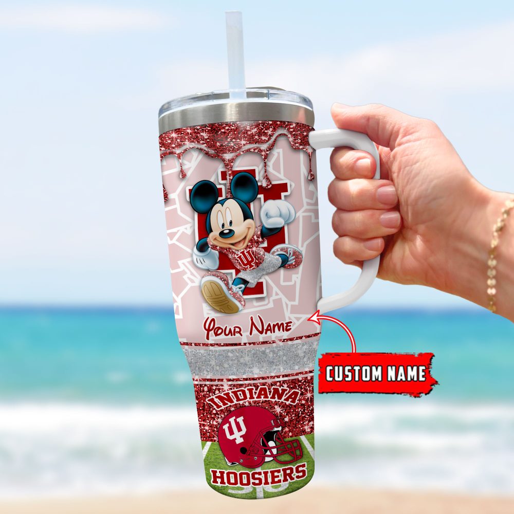 Indiana Hoosiers Ncaa Mickey Mouse Glitter Custom Stanley Quencher 40Oz Stainless Steel Tumbler With Handle - Image 3