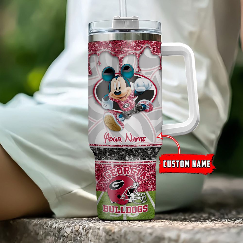 Georgia Bulldogs Ncaa Mickey Mouse Glitter Custom Stanley Quencher 40Oz Stainless Steel Tumbler With Handle - Image 4
