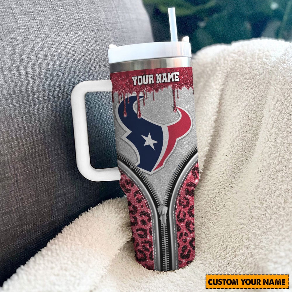 Houston Texans Nfl Glitter Leopard Print Custom Stanley Quencher 40Oz Stainless Steel Tumbler With Handle - Image 3