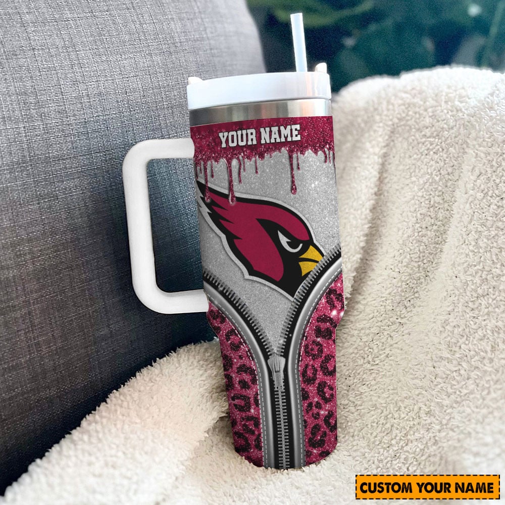 Arizona Cardinals Nfl Glitter Leopard Print Custom Stanley Quencher 40Oz Stainless Steel Tumbler With Handle - Image 3