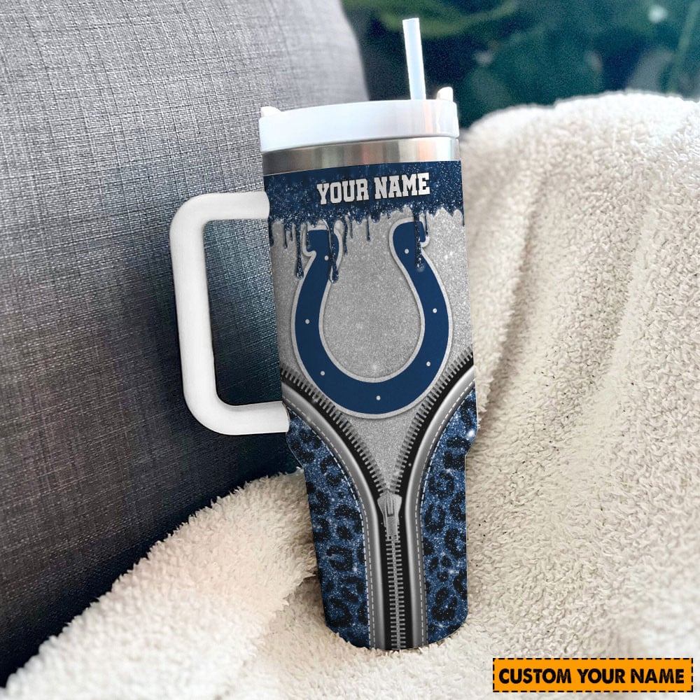Indianapolis Colts Nfl Glitter Leopard Print Custom Stanley Quencher 40Oz Stainless Steel Tumbler With Handle - Image 3