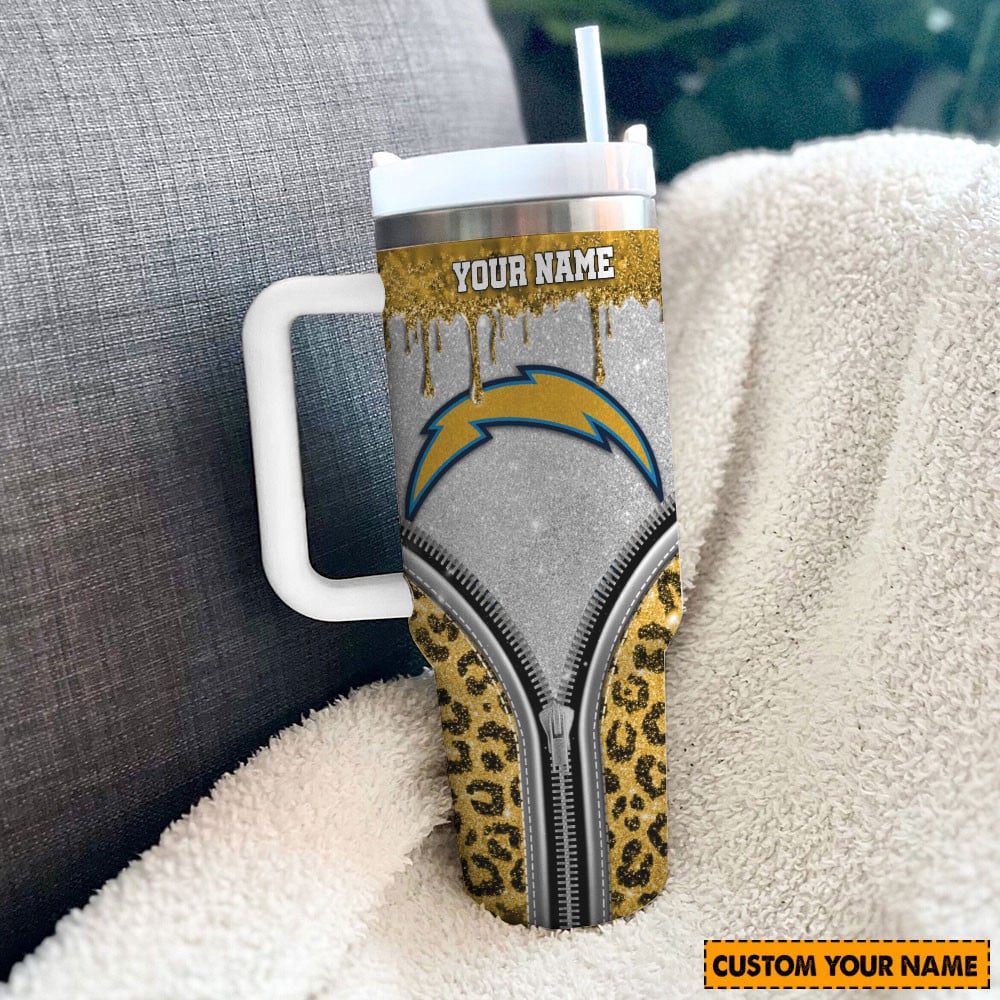 Los Angeles Chargers Nfl Glitter Leopard Print Custom Stanley Quencher 40Oz Stainless Steel Tumbler With Handle - Image 3
