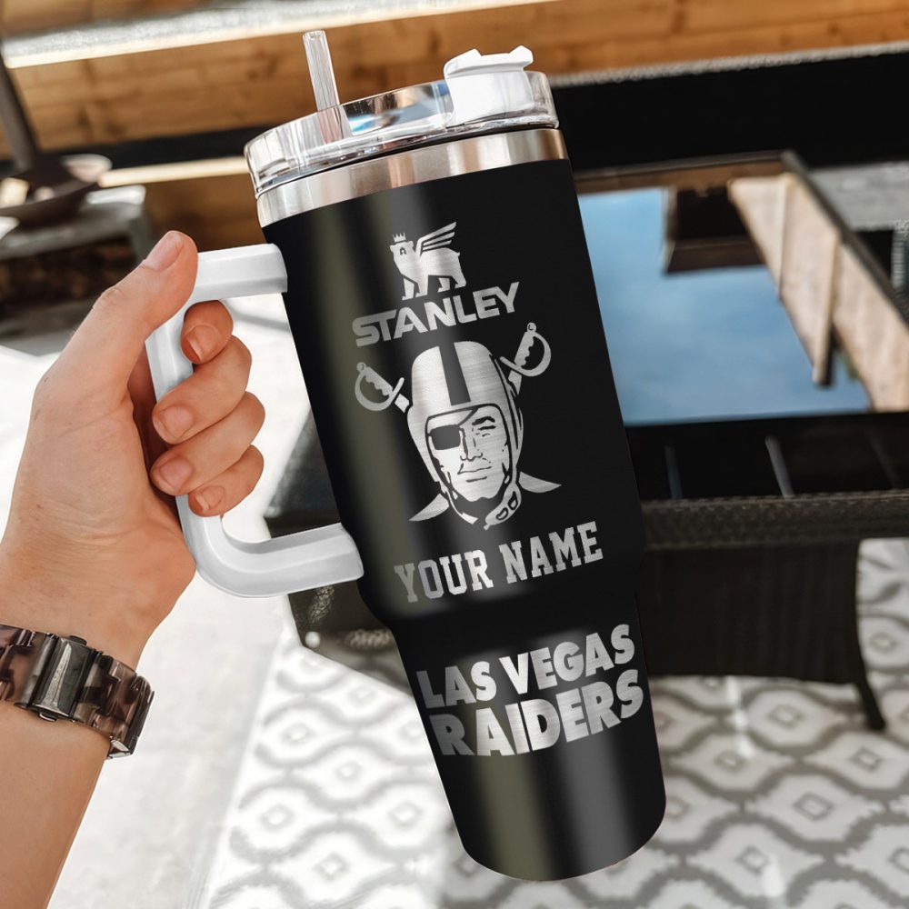Las Vegas Raiders Nfl Silver Logo Custom Stanley Quencher 40Oz Stainless Steel Tumbler With Handle - Image 3