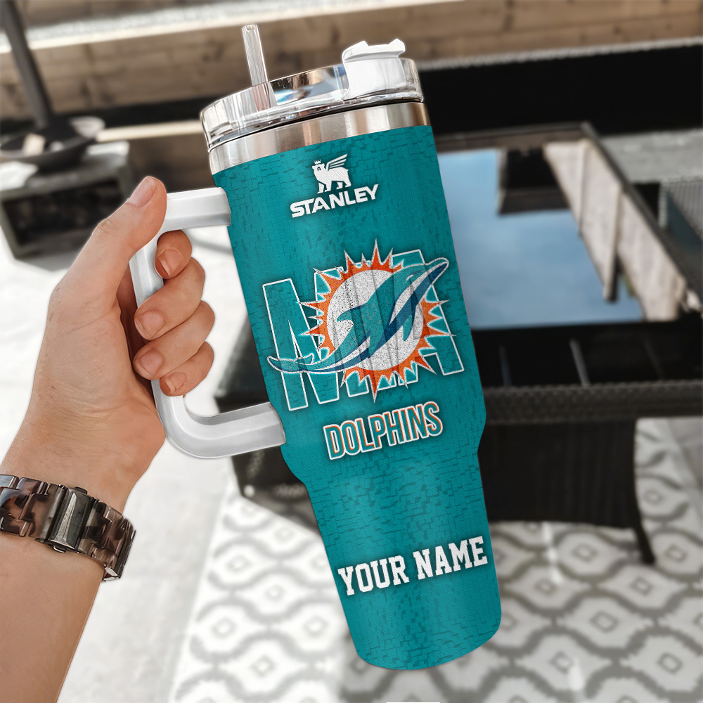 Miami Dolphins Nfl 3D Logo Custom Stanley Quencher 40Oz Stainless Steel Tumbler With Handle - Image 3