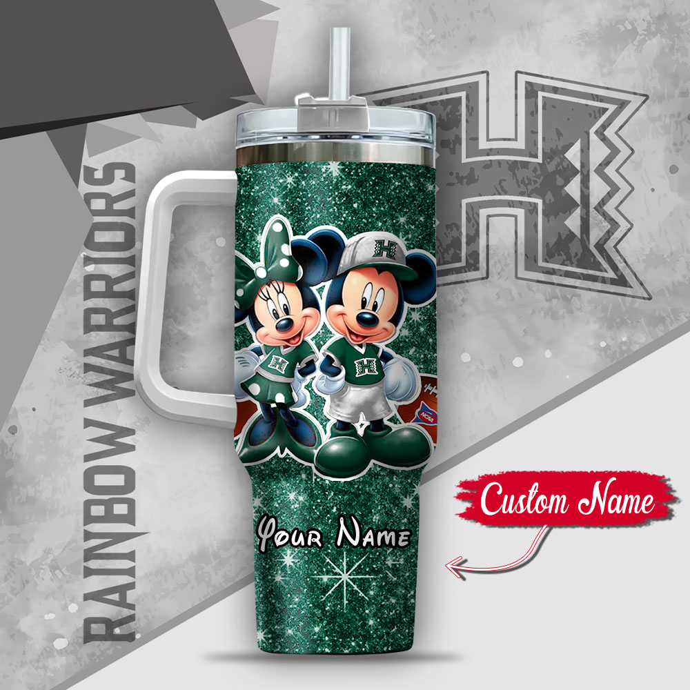 Ncaa Hawaii Rainbow Warriors Mickey And Minnie Couple Custom Stanley Quencher 40Oz Stainless Steel Tumbler With Handle - Image 3