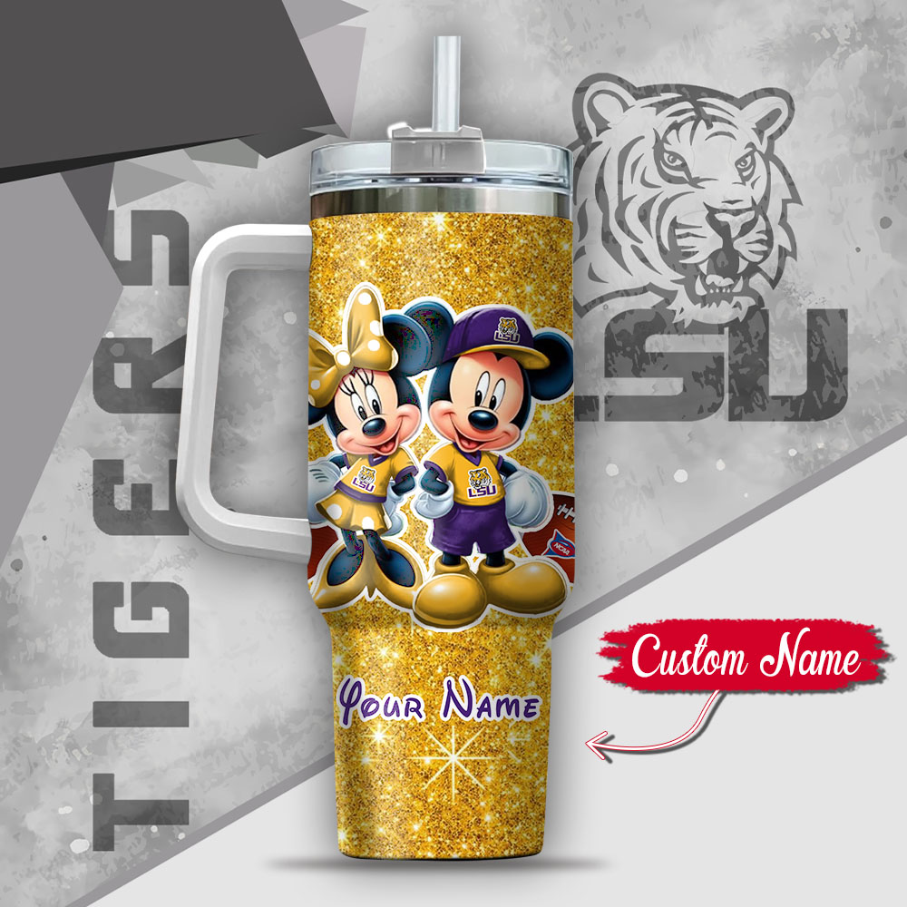 Ncaa Lsu Tigers Mickey And Minnie Couple Custom Stanley Quencher 40Oz Stainless Steel Tumbler With Handle - Image 3