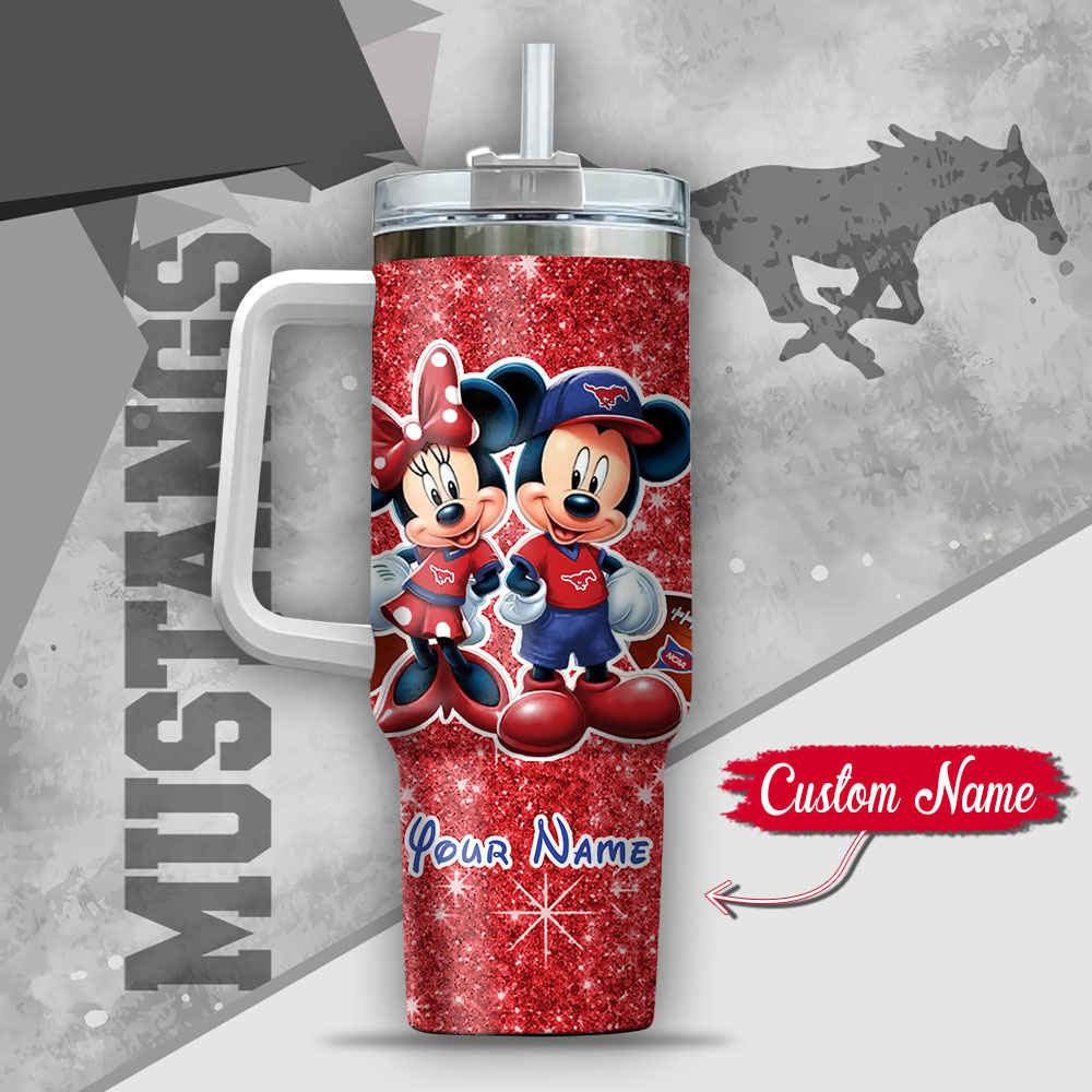Ncaa Smu Mustangs Mickey And Minnie Couple Custom Stanley Quencher 40Oz Stainless Steel Tumbler With Handle - Image 3