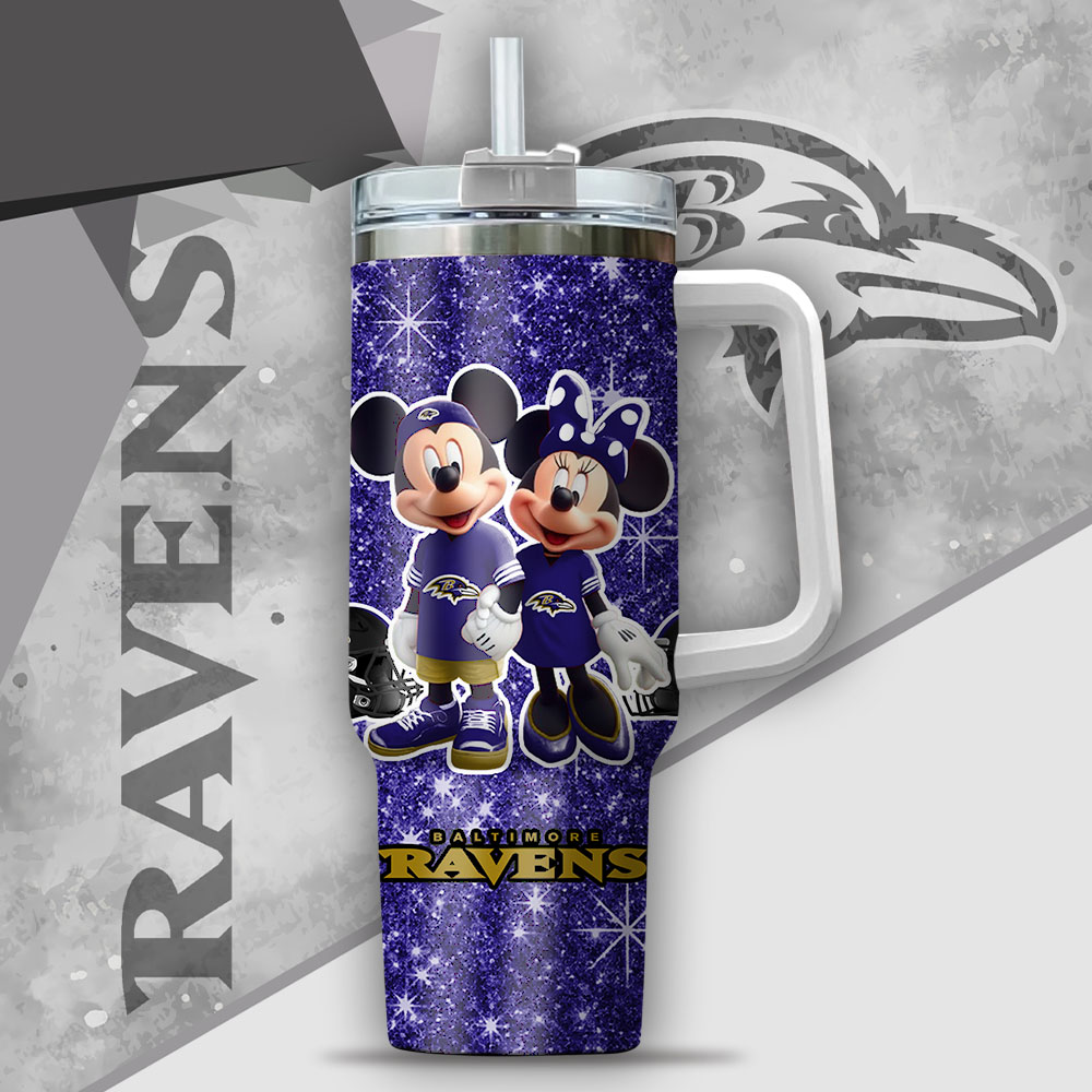 Nfl Baltimore Ravens Mickey And Minnie Couple Custom Stanley Quencher 40Oz Stainless Steel Tumbler With Handle - Image 2