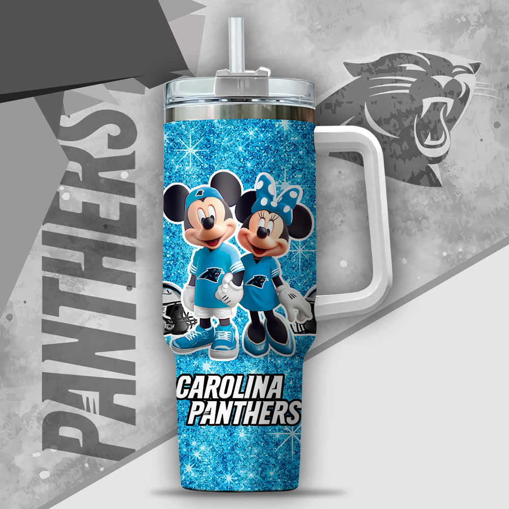 Nfl Carolina Panthers Mickey And Minnie Couple Custom Stanley Quencher 40Oz Stainless Steel Tumbler With Handle - Image 2