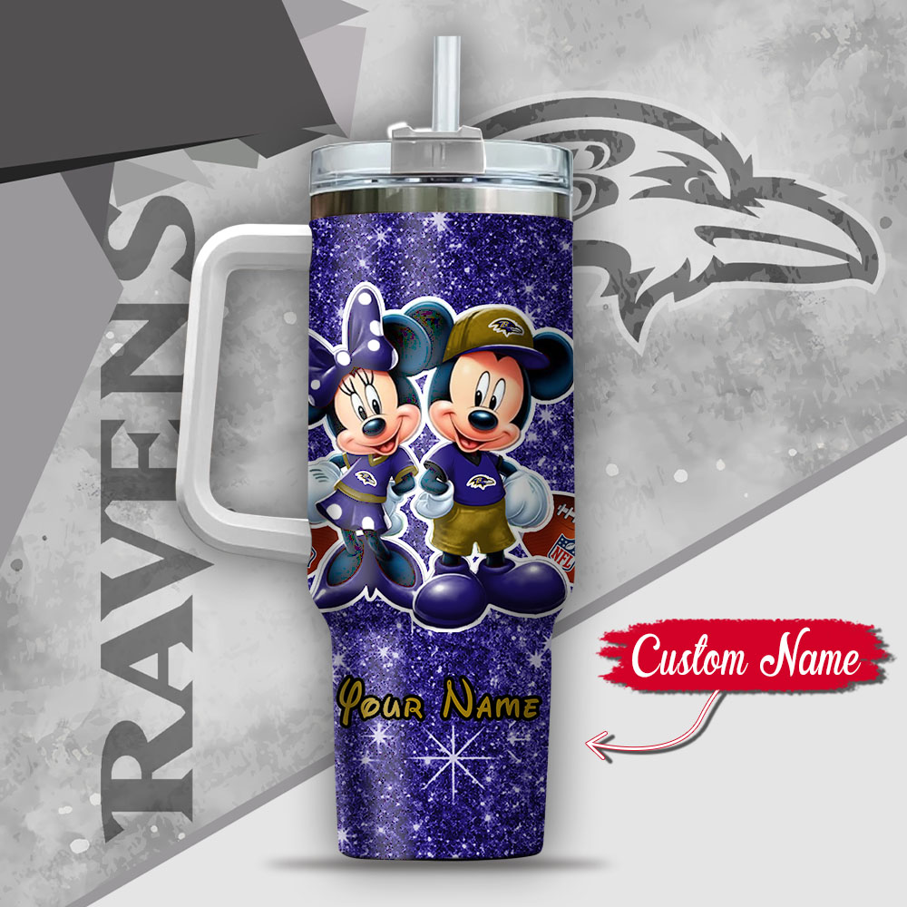 Nfl Baltimore Ravens Mickey And Minnie Couple Custom Stanley Quencher 40Oz Stainless Steel Tumbler With Handle - Image 3