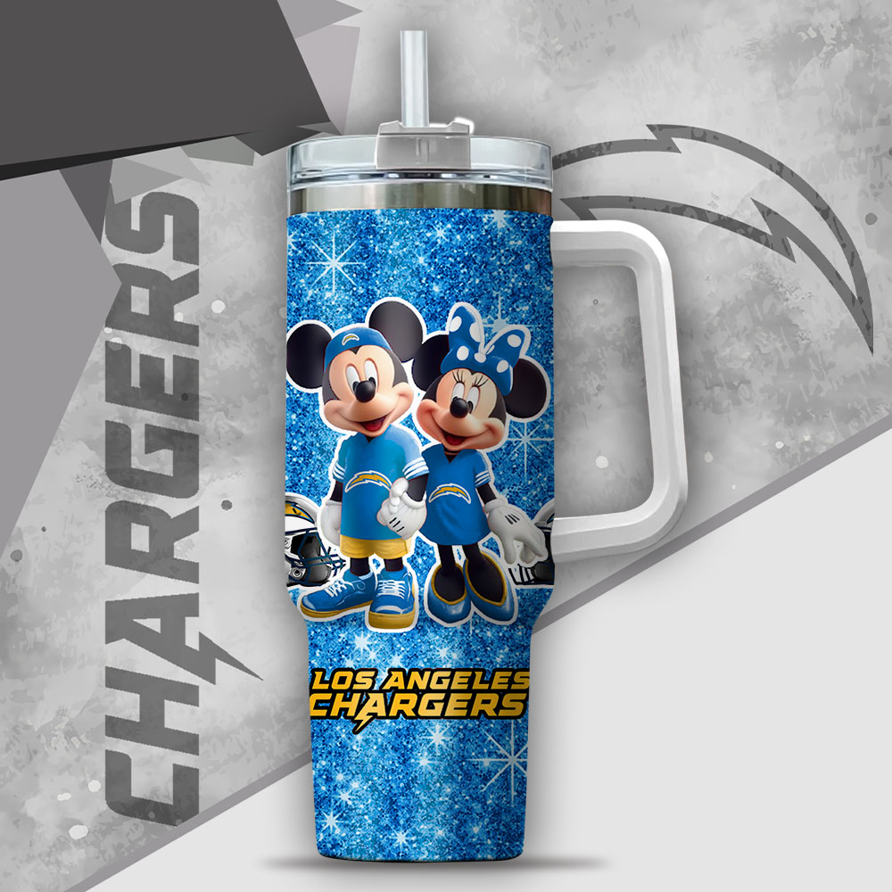 Nfl Los Angeles Chargers Mickey And Minnie Couple Custom Stanley Quencher 40Oz Stainless Steel Tumbler With Handle - Image 2