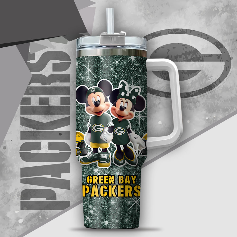 Nfl Green Bay Packers Mickey And Minnie Couple Custom Stanley Quencher 40Oz Stainless Steel Tumbler With Handle - Image 2