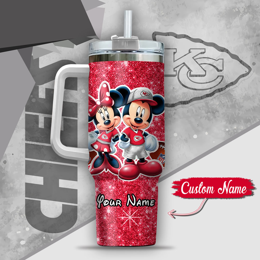 Nfl Kansas City Chiefs Mickey And Minnie Couple Custom Stanley Quencher 40Oz Stainless Steel Tumbler With Handle - Image 3