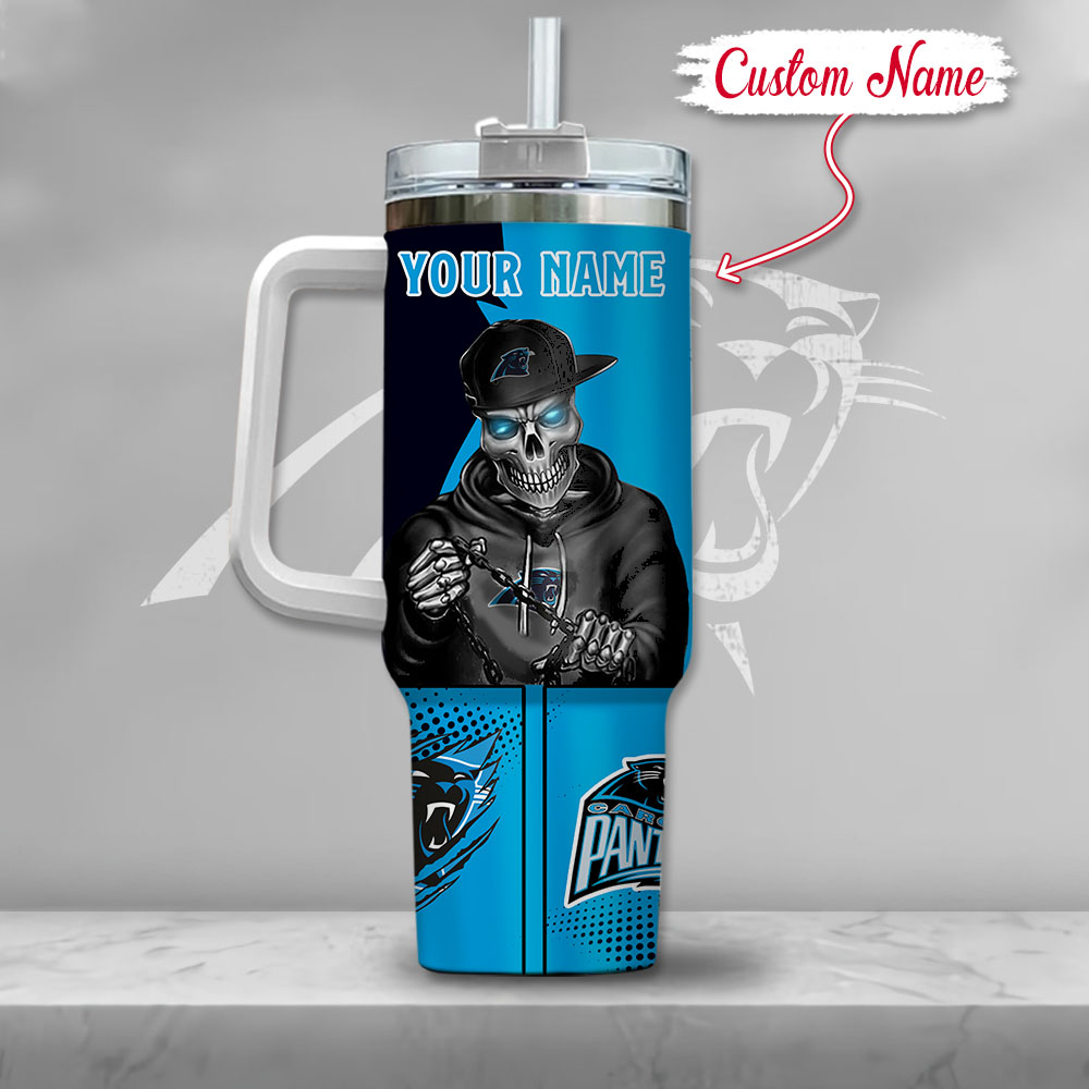 Nfl Carolina Panthers Gangster Skeleton Custom Stanley Quencher 40Oz Stainless Steel Tumbler With Handle - Image 3