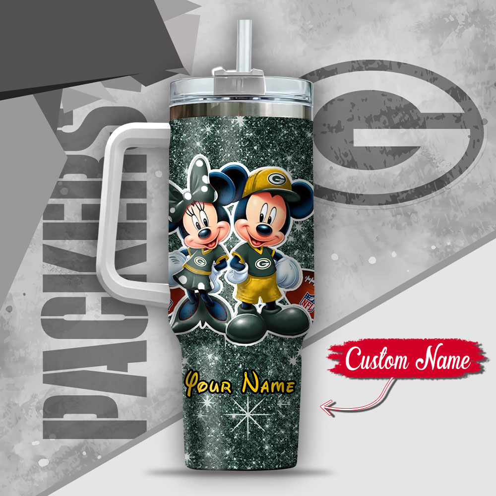 Nfl Green Bay Packers Mickey And Minnie Couple Custom Stanley Quencher 40Oz Stainless Steel Tumbler With Handle - Image 3
