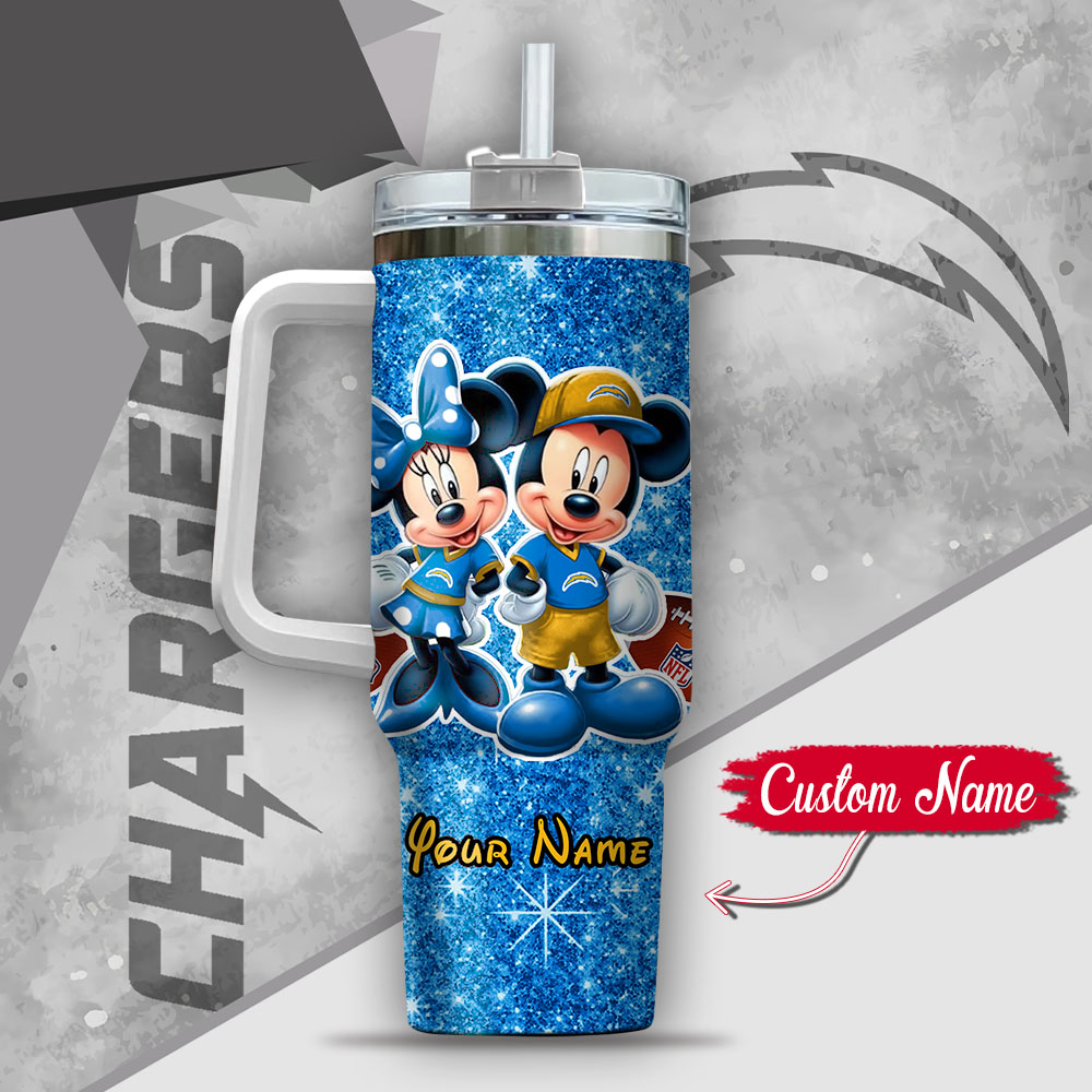 Nfl Los Angeles Chargers Mickey And Minnie Couple Custom Stanley Quencher 40Oz Stainless Steel Tumbler With Handle - Image 3