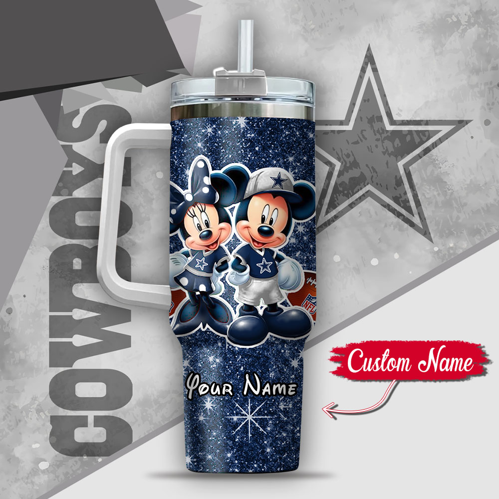 Nfl Dallas Cowboys Mickey And Minnie Couple Custom Stanley Quencher 40Oz Stainless Steel Tumbler With Handle - Image 3