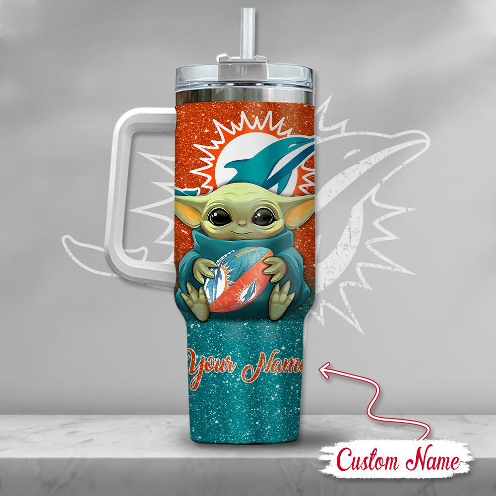 Nfl Miami Dolphins Baby Yoda Custom Stanley Quencher 40Oz Stainless Steel Tumbler With Handle - Image 3