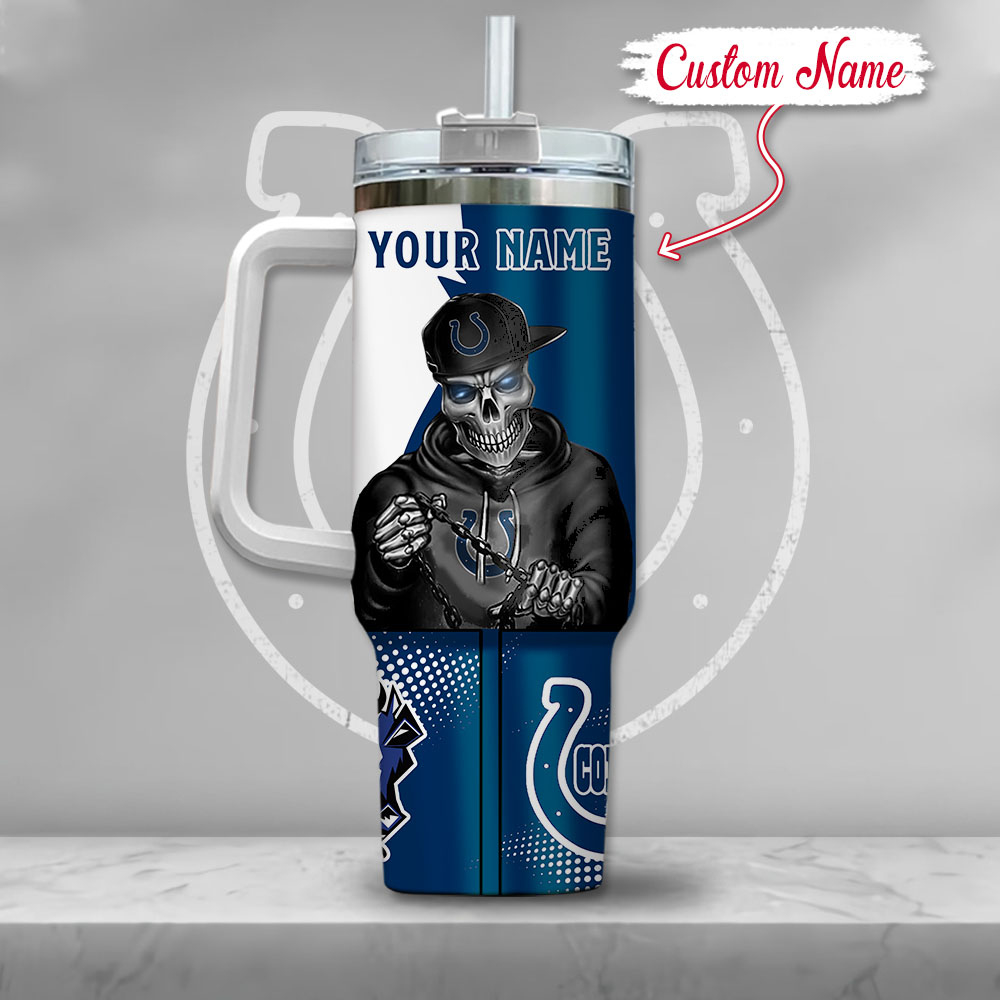 Nfl Indianapolis Colts Gangster Skeleton Custom Stanley Quencher 40Oz Stainless Steel Tumbler With Handle - Image 3