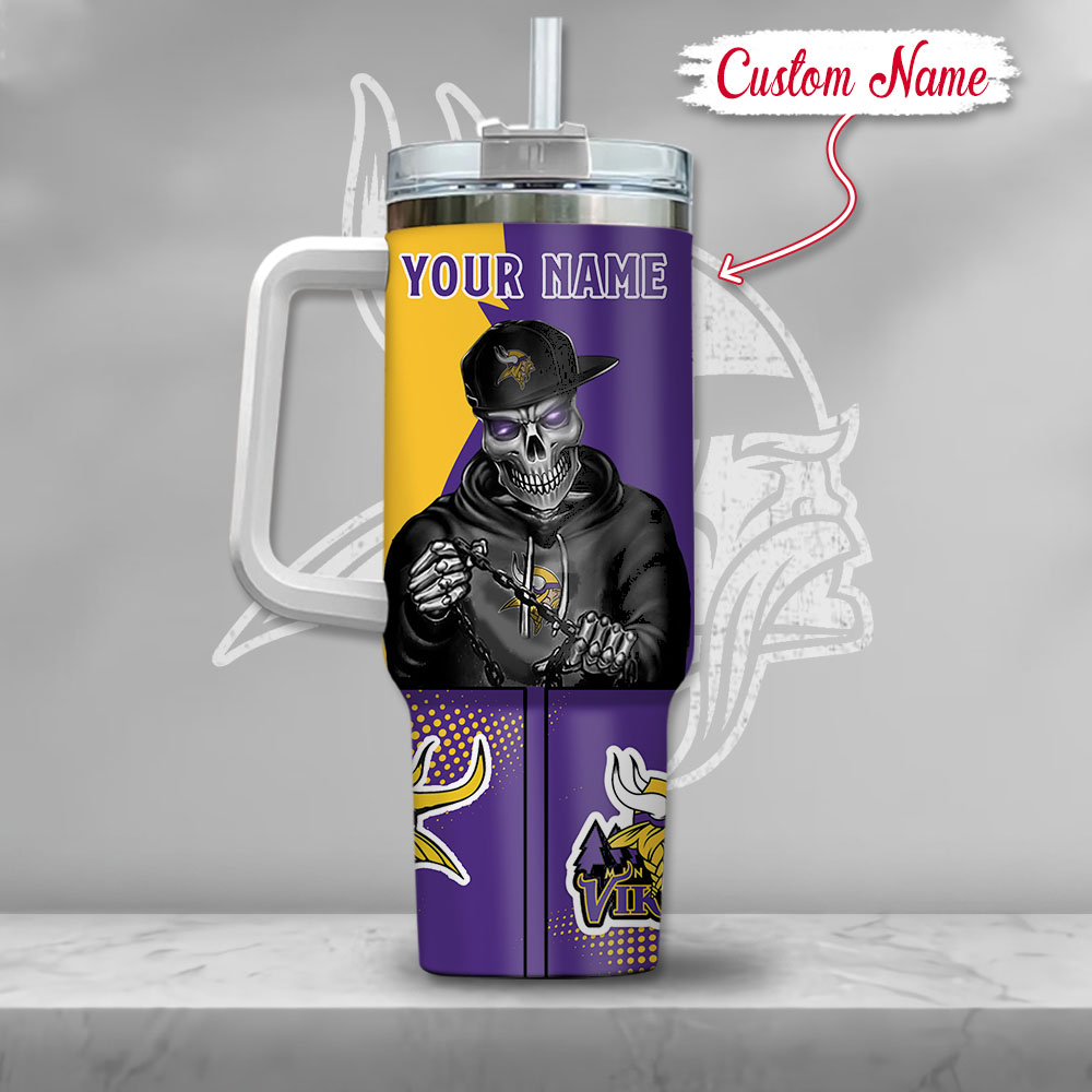 Nfl Minnesota Vikings Gangster Skeleton Custom Stanley Quencher 40Oz Stainless Steel Tumbler With Handle - Image 3