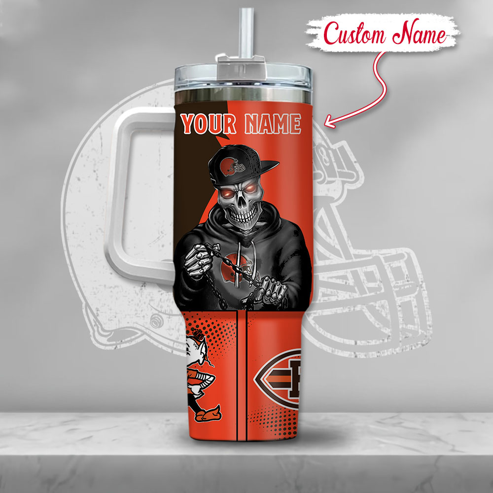 Nfl Cleveland Browns Gangster Skeleton Custom Stanley Quencher 40Oz Stainless Steel Tumbler With Handle - Image 3