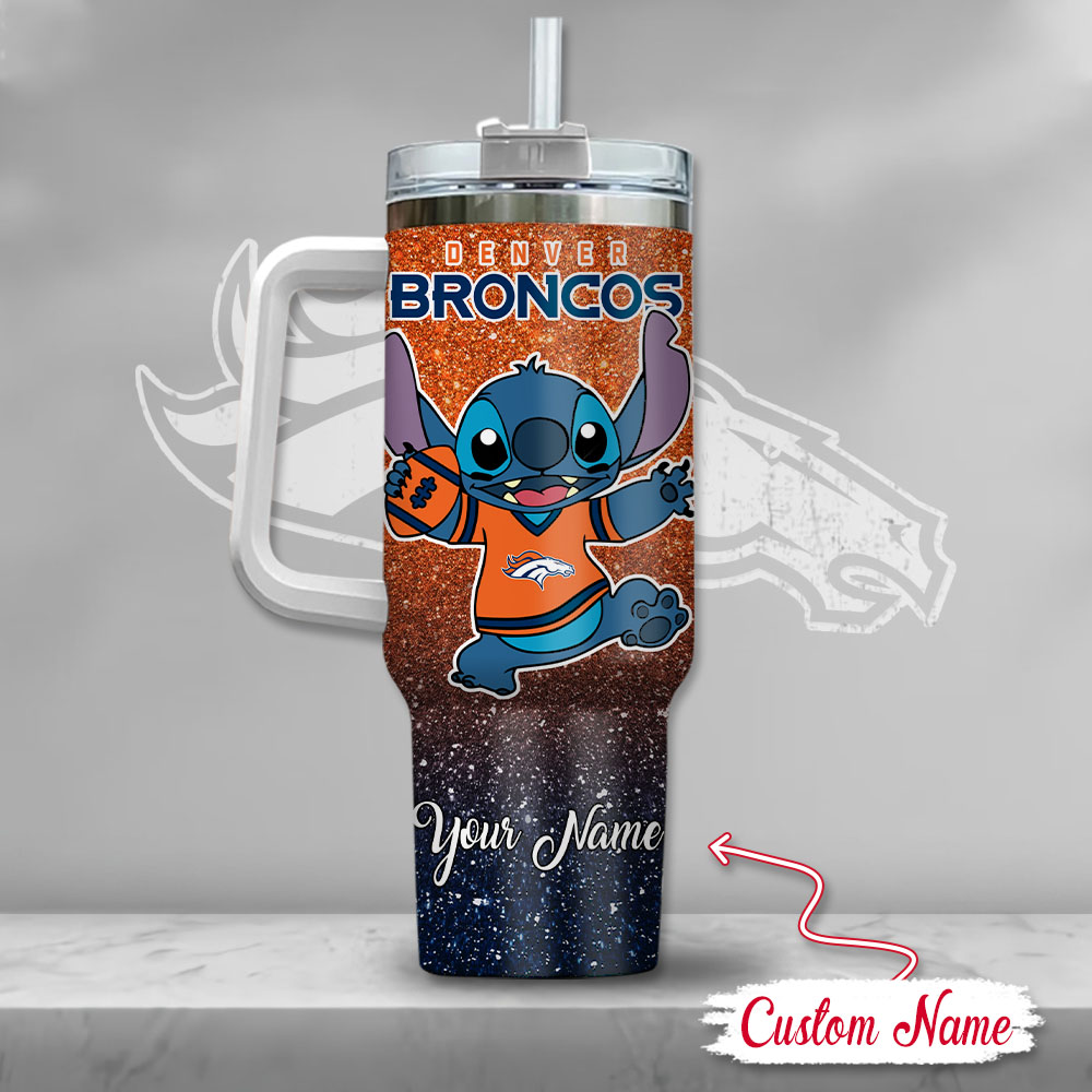 Nfl Denver Broncos Stitch Glitter Custom Stanley Quencher 40Oz Stainless Steel Tumbler With Handle - Image 3